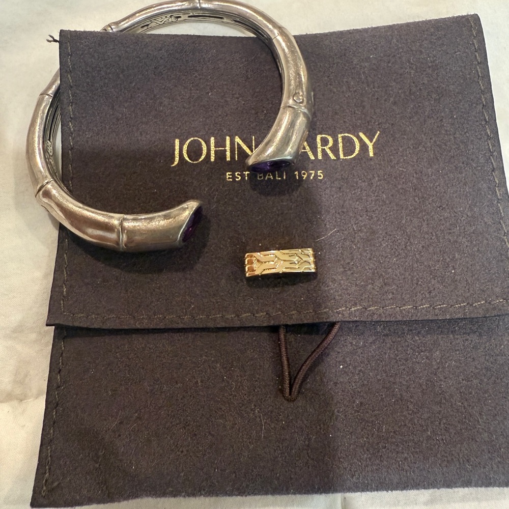 JOHN HARDY Bamboo collection heavy silver and amethyst bracelet; fits medium